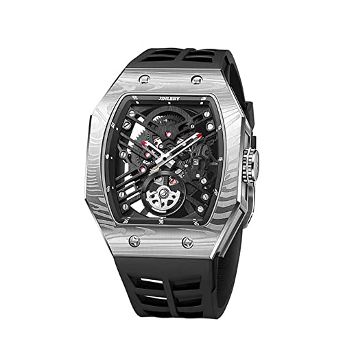 GZFCMY JINLERY Skelett Automatisch Mechanische Herren Tourbillon Tonneau Armbanduhr Stahl Gummi Saphir Kristall Wasserdicht Richard Hohluhr, J9067j1 Silber Schwarz von GZFCMY