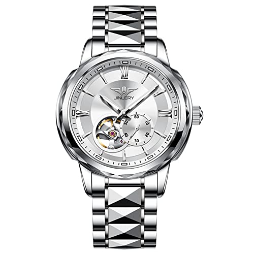 GZFCMY JINLERY Skelett Automatisch Selbstaufzug Mechanische Herren Tourbillon Armbanduhr Business Wolframstahl Saphir Kristall Wasserdichte Uhr Leuchtender Chronograph, J9049g3 Silber Weiß von GZFCMY