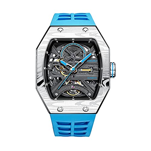 GZFCMY JINLERY Skelett Automatische Mechanische Herren Tourbillon Tonneau Armbanduhr Stahl Silikon Saphir Kristall Wasserdicht Richard Kinetic Hohl Uhr Leuchtend, J9043j2 Silber Blau Schwarz, Riemen von GZFCMY