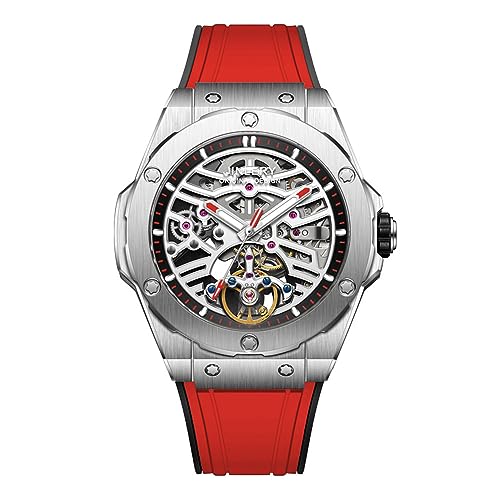 GZFCMY JINLERY Skelett Automatische Selbstaufzug Vintage Armbanduhr Männer Mechanische Business Armbanduhr Stahl Gummi Saphirglas Wasserdicht Uhr Leuchtend Wasserdicht, 9055gj4 Rot, M von GZFCMY