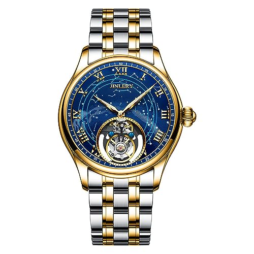 GZFCMY JINLERY Tourbillon Skelett Mechanische Hand Wind Vintage Armbanduhr Männer Saphir Kristall Diamant Business Hohl Leuchtende Uhr Mann Stahl Leder Armbanduhr, J9062g3 Gold, M von GZFCMY