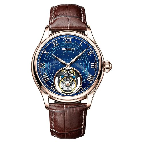 GZFCMY JINLERY Tourbillon Skelett Mechanische Hand Wind Vintage Armbanduhr Männer Saphir Kristall Diamant Business Hohl Leuchtende Uhr Mann Stahl Leder Armbanduhr, J9062p2 Rose Brown, M von GZFCMY