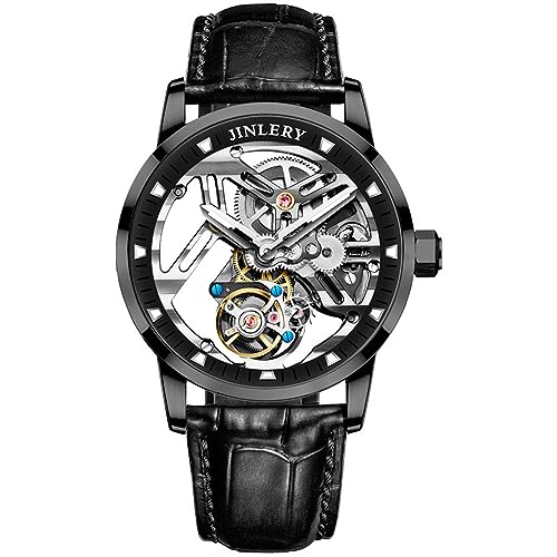 GZFCMY JINLERY Tourbillon Skelett Mechanische Hand Wind Vintage Armbanduhr Männer Saphir Kristall Diamant Business Hohl Leuchtende Uhr Mann Stahl Leder Armbanduhr, J9068p3 Schwarz Leder, M von GZFCMY