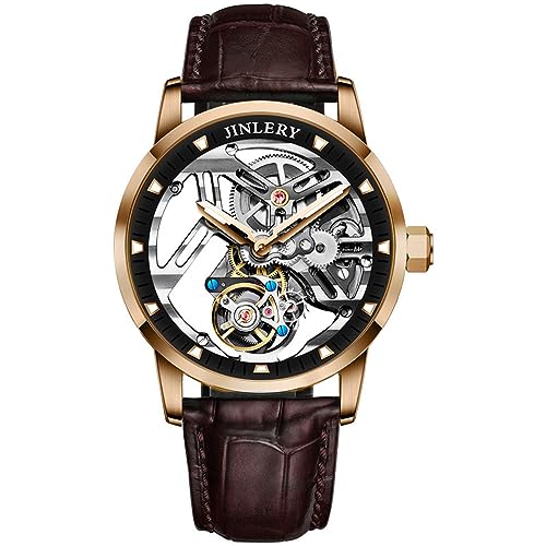 GZFCMY JINLERY Tourbillon Skelett Mechanische Hand Wind Vintage Armbanduhr Männer Saphir Kristall Diamant Business Hohl Leuchtende Uhr Mann Stahl Leder Armbanduhr, J9068p4 Rose Brown, M von GZFCMY