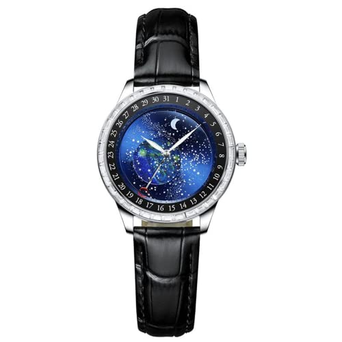 GZFCMY JINLERY Uhr Damen Herren Automatik Automatikaufzug Mechanisch Edelstahl Leder Sternenhimmel Karpfen Zifferblatt Saphirglas Wasserdicht Uhr Strass Lünette von GZFCMY