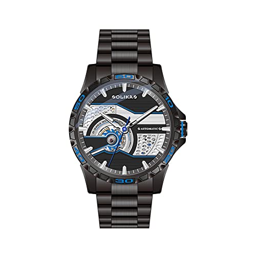 GZFCMY Olika Herren-Armbanduhr, automatisch, selbstaufziehend, mechanisch, leuchtend, Silikon/Edelstahlband, Sport-Armbanduhr, Skelett, Tourbillon, wasserdicht, Business-Uhr, Schwarz-blauer Stahl, von GZFCMY