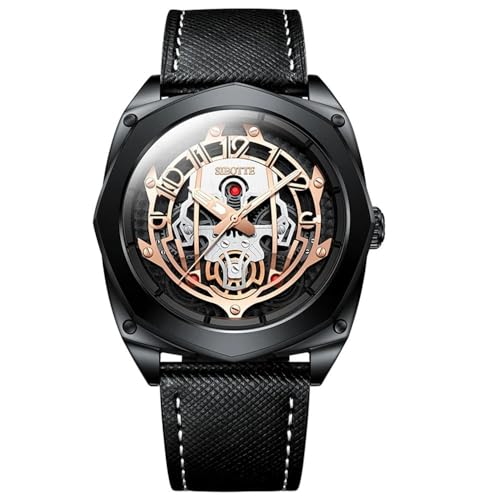 GZFCMY SIBOTTE Skelett Japanisches Automatik-Uhrwerk 8215 Vintage Herren Mechanische Business-Armbanduhr Stahl Echtes Leder Saphirglas Wasserdicht Uhr Leuchtend, Schwarze Rose, M, Retro von GZFCMY