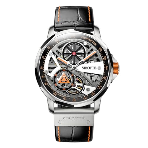 GZFCMY SIBOTTE Skelett japanisches Automatik-Uhrwerk 7570 Retro Herren Mechanische Business-Armbanduhr Stahl Echtes Leder Saphirglas Wasserdicht Uhr Leuchtend, Orange, Retro von GZFCMY