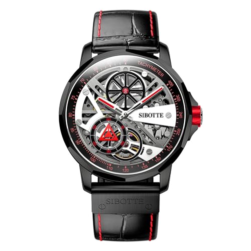 GZFCMY SIBOTTE Skelett japanisches Automatik-Uhrwerk 7570 Retro Herren Mechanische Business-Armbanduhr Stahl Echtes Leder Saphirglas Wasserdicht Uhr Leuchtend, rot, Retro von GZFCMY