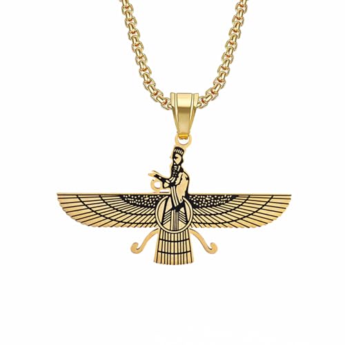 GZHENGZG Herren Halsketten und Damenschmuck Goldene Farbe Zoroastrische Halskette für Männer und Frauen, Mystische Faravahar Ahura Anhänger, ägyptischer Schmuck, Geschenk Geschenk von GZHENGZG