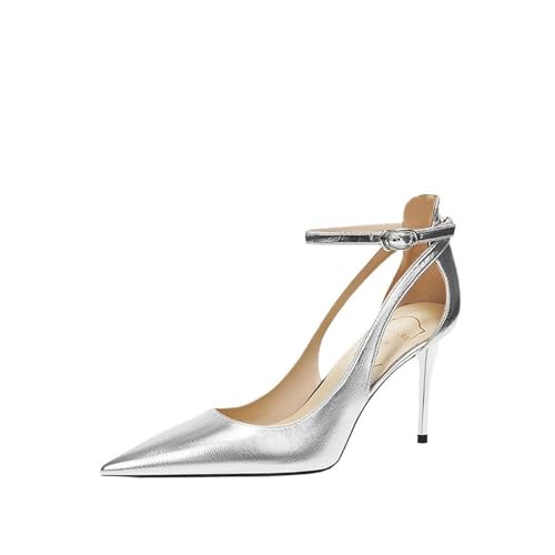 GZHMMAN High Heels Damen Elegant Geschlossen Spitz Zehe Pumps Stiletto Heels Knöchelriemen Party Kleid Schuhe,Silver,37 von GZHMMAN