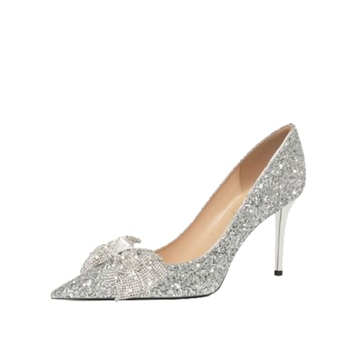GZHMMAN High Heels Damen Hochzeit Strass Pumps Spitzschuh Stiletto Glitzernde Brautschuhe,Silver(8CM),38 von GZHMMAN