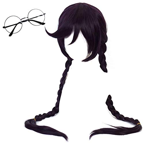 GZIRUE Dunkelviolett Lange Geflochtene Haar Zöpfe Braids Perücken für Toko Fukawa Perücke Halloween Party Kostüm Cosplay Wig mit Brille (Perücke mit Brille (Schwarz)) von GZIRUE