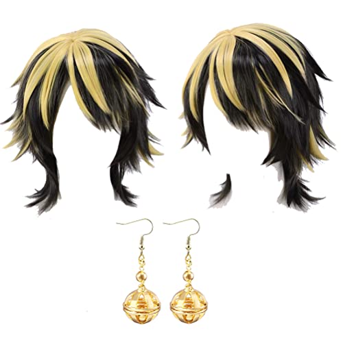 GZIRUE Goldgelbe Schwarze Kurze Perücke Haar mit Ohrring für Kazutora Hanemiya Wig Cosplay Anime Kostüm mit Perücke Kappe Wig Cap Earring (Perücke + Ohrringe) von GZIRUE