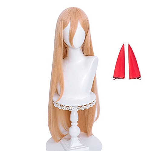 GZIRUE Orange Lange Gerade Haar Perücke mit Hörner Haarschmuck für Power Wig Cosplay Man Women Anime Kostüm with Wig Cap Horns von GZIRUE