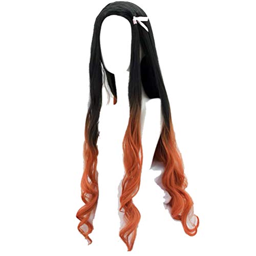 GZIRUE Schwarz Braun Orange Lange Lockige Perücke Haar mit Rosa Satinband für Nezuko Kamado Cosplay Anime Kostüm Halloween Karneval Party Wig von GZIRUE