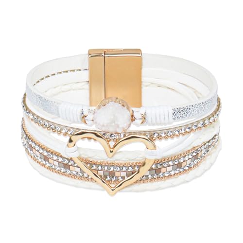 GZJINYUAN Leder-Wickelarmband für Damen, Boho-Herz-Manschettenarmband mit starkem Verschluss, mehrschichtiges Kristall-Lederarmband, One Size, Kunstleder, Kein Edelstein von GZJINYUAN