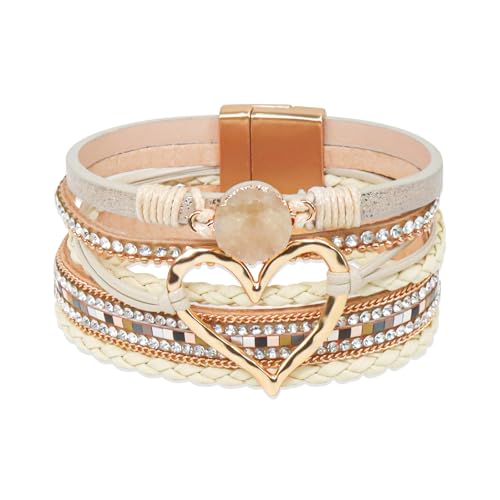 GZJINYUAN Leder-Wickelarmband für Damen, Boho-Herz-Manschettenarmband mit starkem Verschluss, mehrschichtiges Kristall-Lederarmband, One Size, Kunstleder, Kein Edelstein von GZJINYUAN