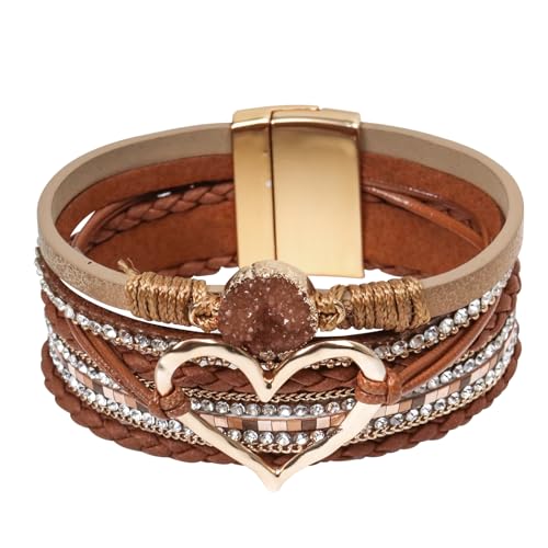 GZJINYUAN Leder-Wickelarmband für Damen, Boho-Herz-Manschettenarmband mit starkem Verschluss, mehrschichtiges Kristall-Lederarmband, One Size, Kunstleder, Kein Edelstein von GZJINYUAN