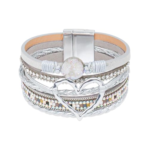 GZJINYUAN Leder-Wickelarmband für Damen, Boho-Herz-Manschettenarmband mit starkem Verschluss, mehrschichtiges Kristall-Lederarmband, One Size, Kunstleder, Kein Edelstein von GZJINYUAN