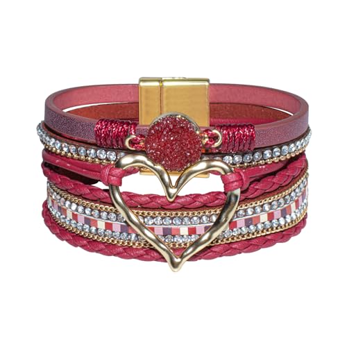 GZJINYUAN Leder-Wickelarmband für Damen, Boho-Herz-Manschettenarmband mit starkem Verschluss, mehrschichtiges Kristall-Lederarmband, One Size, Kunstleder, Kein Edelstein von GZJINYUAN