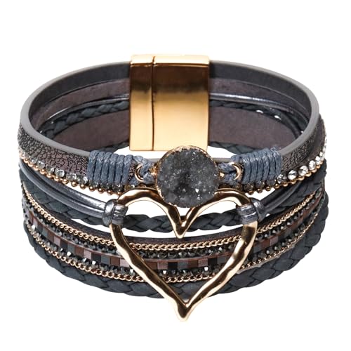 GZJINYUAN Leder-Wickelarmband für Damen, Boho-Herz-Manschettenarmband mit starkem Verschluss, mehrschichtiges Kristall-Lederarmband, One Size, Kunstleder, Kein Edelstein von GZJINYUAN