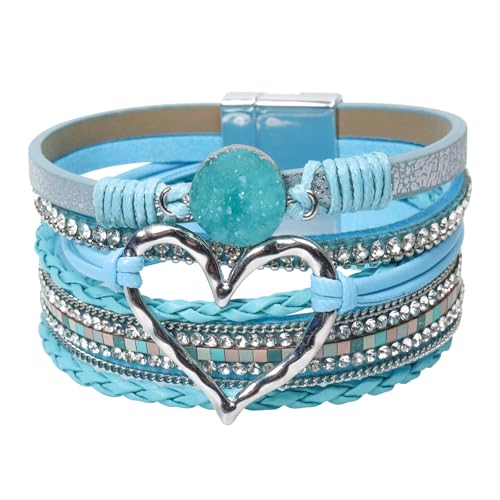 GZJINYUAN Leder-Wickelarmband für Damen, Boho-Herz-Manschettenarmband mit starkem Verschluss, mehrschichtiges Kristall-Lederarmband, One Size, Kunstleder, Kein Edelstein von GZJINYUAN