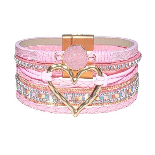 GZJINYUAN Leder-Wickelarmband für Damen, Boho-Herz-Manschettenarmband mit starkem Verschluss, mehrschichtiges Kristall-Lederarmband, One Size, Kunstleder, Kein Edelstein von GZJINYUAN