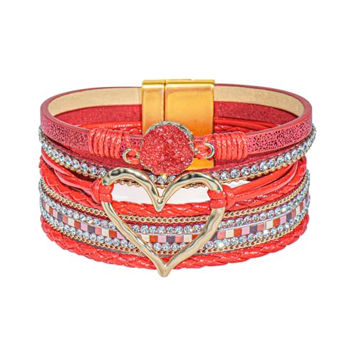 GZJINYUAN Leder-Wickelarmband für Damen, Boho-Herz-Manschettenarmband mit starkem Verschluss, mehrschichtiges Kristall-Lederarmband, One Size, Kunstleder, Kein Edelstein von GZJINYUAN