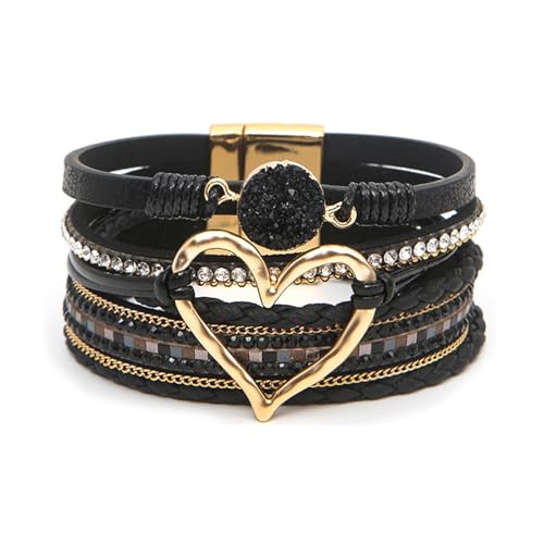 GZJINYUAN Leder-Wickelarmband für Damen, Boho-Herz-Manschettenarmband mit starkem Verschluss, mehrschichtiges Kristall-Lederarmband, One Size, Kunstleder, Kein Edelstein von GZJINYUAN