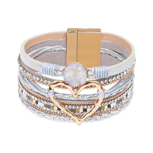 GZJINYUAN Leder-Wickelarmband für Damen, Boho-Herz-Manschettenarmband mit starkem Verschluss, mehrschichtiges Kristall-Lederarmband, One Size, Kunstleder, Kein Edelstein von GZJINYUAN