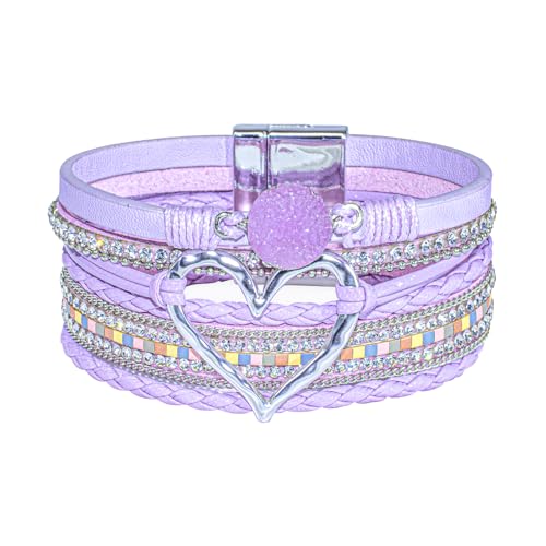 GZJINYUAN Leder-Wickelarmband für Damen, Boho-Herz-Manschettenarmband mit starkem Verschluss, mehrschichtiges Kristall-Lederarmband, One Size, Kunstleder, Kein Edelstein von GZJINYUAN