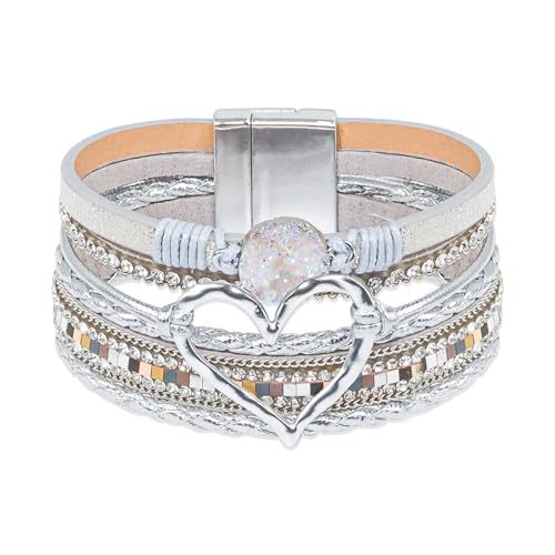 GZJINYUAN Leder-Wickelarmband für Damen, Boho-Herz-Manschettenarmband mit starkem Verschluss, mehrschichtiges Kristall-Lederarmband, One Size, Kunstleder, Kein Edelstein von GZJINYUAN