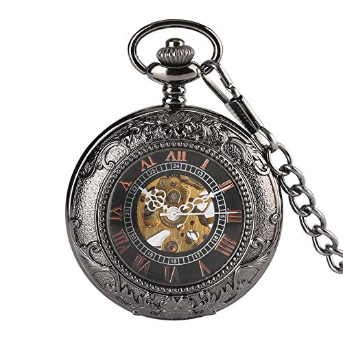 GZKDKZB Taschenuhr, antike Schwarze mechanische Taschenuhr mit Handaufzug, Anzeige römischer Ziffern, hohles Zifferblatt, Retro-Anhänger, Uhrkette für Herren von GZKDKZB