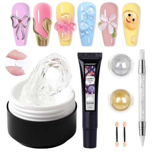 GZMAYUEN 15g Klares Festes Aufbaugel für Nägel und 10g 3D Skulptur Nail Gel, 2pcs Mirror Metallic Effect Gold Silber Chrome Nail Powder, 4D Gel Design DIY Nail Art Enthusiast Home von GZMAYUEN