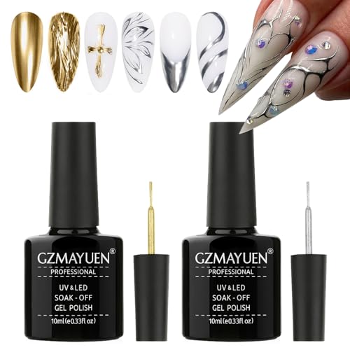 GZMAYUEN 2 * 10ml Metallic Painting Gel for Nail, Mirror Silver Golden Metal Liner Painted Drawing Gel, 3D Mirror Effect Nail Polish für Salon Home DIY Maniküre von GZMAYUEN