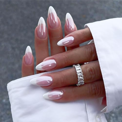 GZMAYUEN 24 Stück French Tipp Press on Nails Mandel Gefälschte Nägel Chrom False Nails Glänzend Vollabdeckung Falsche Nägel, Glossy Kunstnägel Fake Nails für Frauen von GZMAYUEN