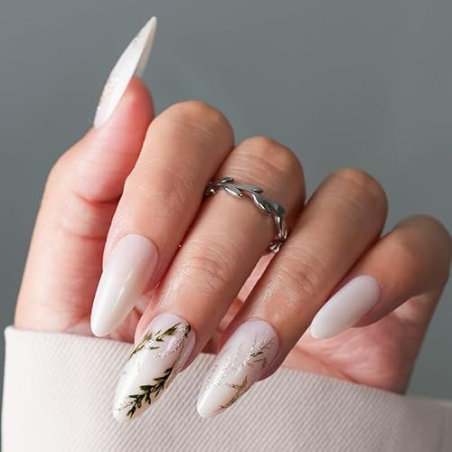 GZMAYUEN 24 Stück Press on Nails Mittel Mandel Falsche Nägel - Pflanzenmuster Spitz Mandel Press on Nägel, Fingernägel Fake Nails für Frauen von GZMAYUEN