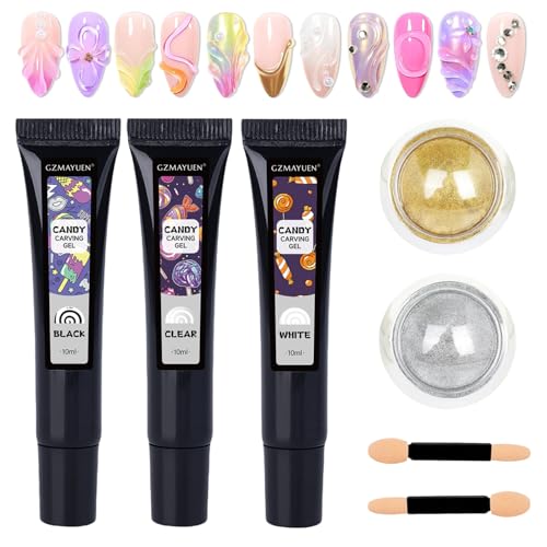 GZMAYUEN 3D Gel Nail Art Skulptur Nail Gel - 3pcs Transparent Weiß Schwarz Farbe Multifunktionell 5D-Geprägtes Candygel für DIY Nageldesign, 2Pcs Mirror Metallic Effect Chrome Nail Powder(Gold,Silber) von GZMAYUEN
