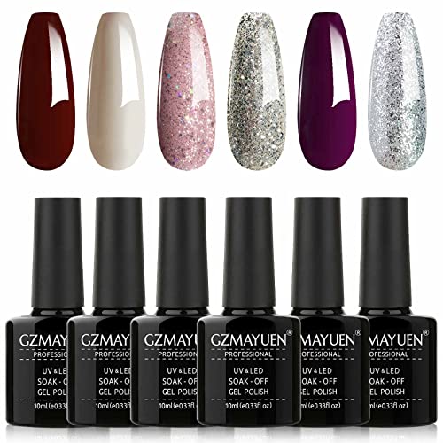 GZMAYUEN Farbgel für Gelnägel UV Nagellack Set Shellac Nail Polish 6 Farben Rot Rosa Glitzer Colour Schellack Nagellack UV Lack Set 10ML von GZMAYUEN