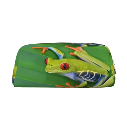 GZYL Federmäppchen aus Leder, Motiv: Frosch, grüne Blätter, bedruckt, tragbares Federmäppchen, gold, Einheitsgröße, Münzfach von GZYL