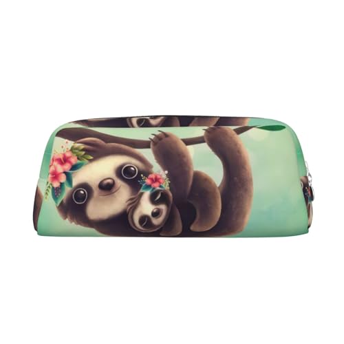 GZYL Lazy Cute Sloth Hanging The Branches Printed Leather Pencil Bag Stationery Organizer Portable Pencil Case, silber, Einheitsgröße, Münzfach von GZYL