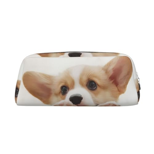 GZYL Niedliches Federmäppchen aus Leder mit Corgi-Druck, Schreibwaren-Organizer, tragbares Federmäppchen, silber, Einheitsgröße, Münzfach von GZYL