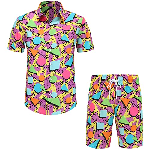 Herren Hawaii-Hemden und Shorts Set 2 Stück Sommer Strand Urlaub Casual Button Kurzarm Shirts Outfits, violett, L von GZYWLKJ