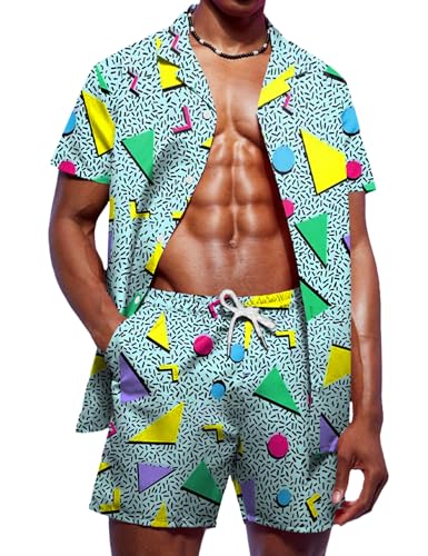 Herren Rave Outfits Hawaiihemden und Shorts Sets 2 Stück Retro 80er 90er Jahre Outfit, 80er 90er Jahre Memphis Graphics, XXL von GZYWLKJ