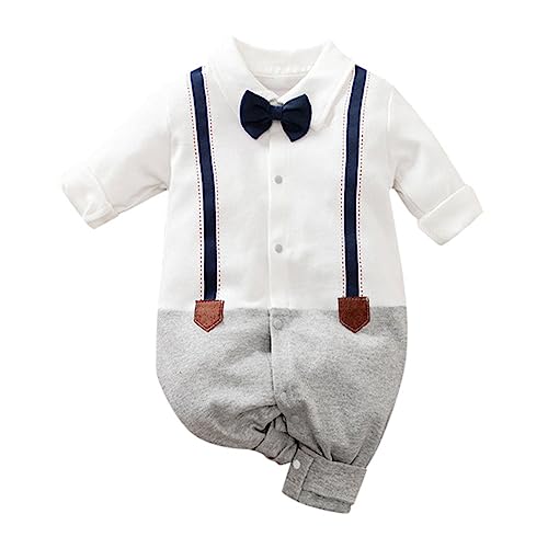 Baby Anzug Junge Hochzeit Strampler Neugeborene Taufanzug Junge 74 Baumwolle Strampler Langarm Kleine Gentleman Fake Two Pieces Anzug Hemdkragen mit Fliege Hosenträgern Einteiler Outfit von GZYshoyao