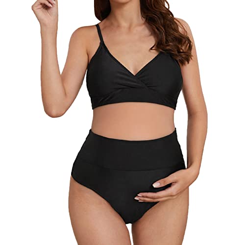 Bikini Umstandsmode Umstands-Badeanzug für Damen Tropischer Halter Umstandsbikini Boyshorts Schwangerschafts Bikini mit Hohe Taille Verstellbare Brust Badeanzug-Badebekleidungs-Set (21-Black, S) von GZYshoyao
