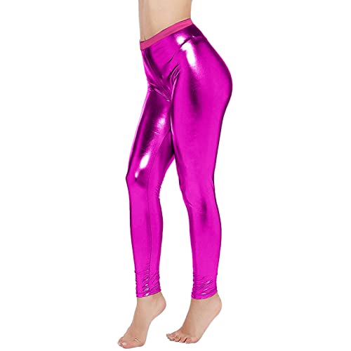 Damen Metallic Leggings glänzende Hose mit hoher Taille Shiny Leggings im Wet Look Metallischer Hosen Silber Leggins für für Party Tanz Disco Kostüm Karneval Cosplay Ballett Tanz (Hot Pink, L) von GZYshoyao