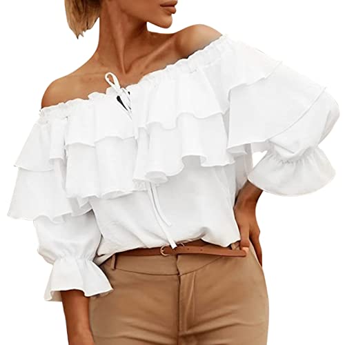 Damen Schulterfrei Oberteile 3/4 Geschichtete Rüschenärmel Rückenfrei Lässig Einfarbig T-Shirts Elegant Bluse Tops Shirts für Party Freizeit von GZYshoyao