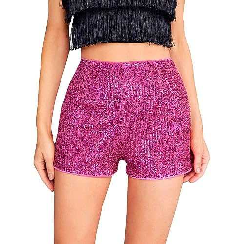 Damen Short mit Pailletten Glitzer Shorts Sexy Hotpants Damen Sequin Shine Glitter Shorts High Waist A-Linie Sparkly Party Hotpants Sexy Nachtclub Karneval Clubwear (Hot Pink, XL) von GZYshoyao